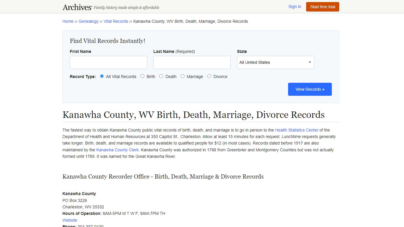 Kanawha County, WV Birth, Death, Marriage, Divorce Records